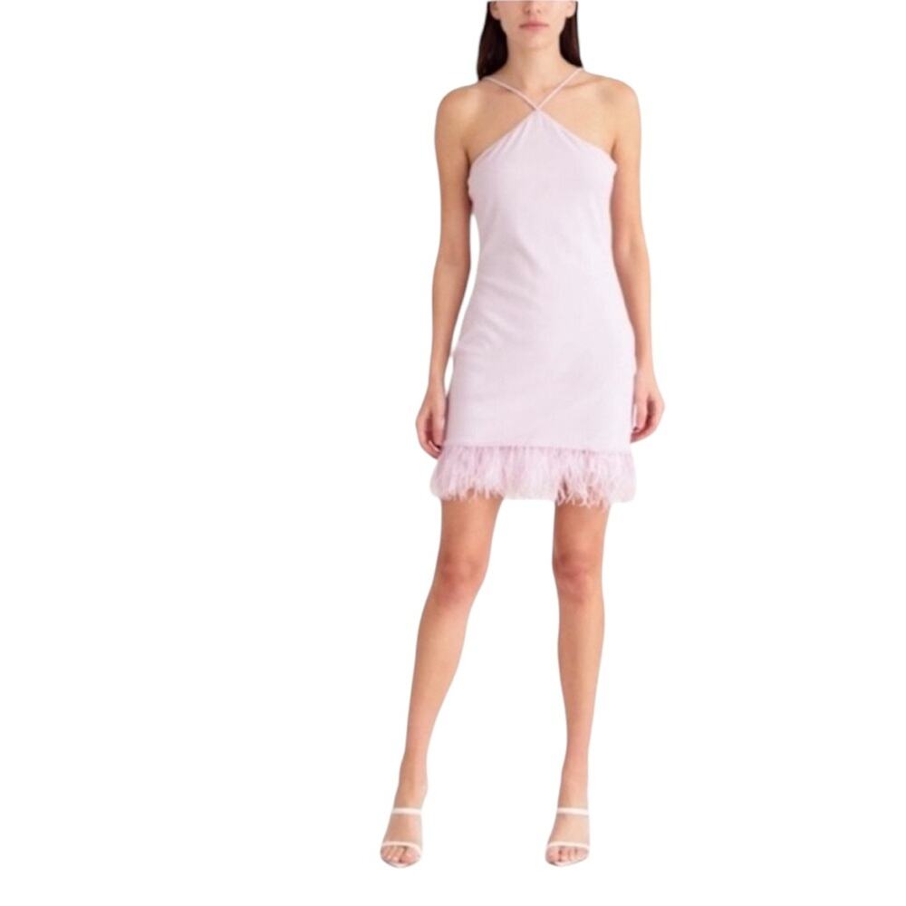 NWOT SAYLOR Ainsley Feather Trim Ribbed Halter Mini Dess Lavender – Sz M